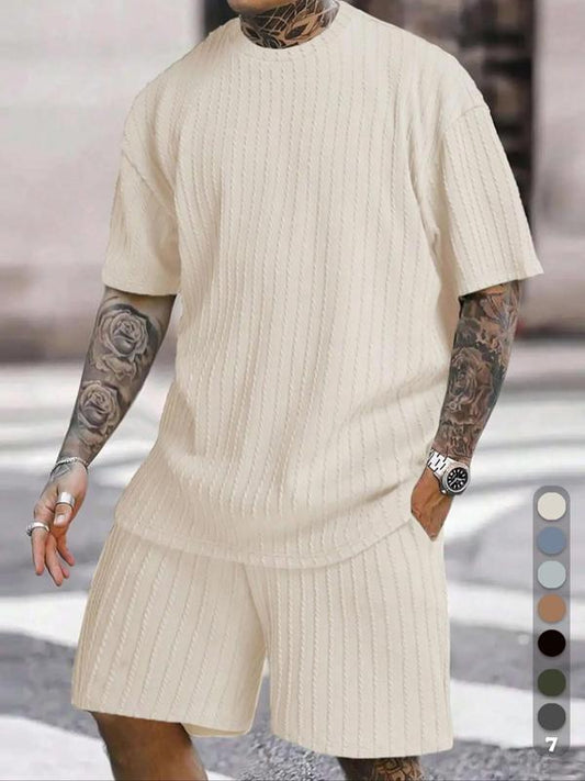 KZZ vacation outfits Two-Piece Set Men's Solid Textured Drop Shoulder Short Sleeve Tee & Drawstring Waist Shorts Set, Spring & Summer Clothes, Loose Casual Fashion Crew Neck T-shirt & Pocket Shorts for Daily Outdoor Wear, Vacation Outfits FathersDayGift